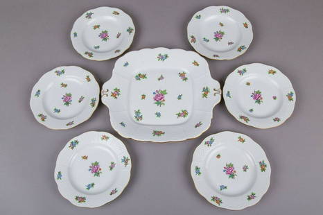Herend Eton Pattern Dessert Set for Six People, 7: Title: Herend Eton Pattern Dessert Set for Six People, 7 PiecesDescription: Herend Eton Pattern Dessert Set for Six People, 7 Pieces Manufacturer: Herend Porcelain Manufactory (Hungary) Quality: