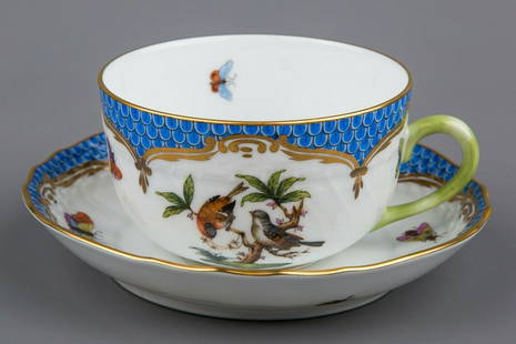Herend Rothschild Bird Blue Fish Scale Tea Cup with: Title: Herend Rothschild Bird Blue Fish Scale Tea Cup with Saucer #1726/RO-EB #12 & #9Description: Herend Rothschild Bird Blue Fish Scale Tea Cup with Saucer Manufacturer: Herend Porcelain