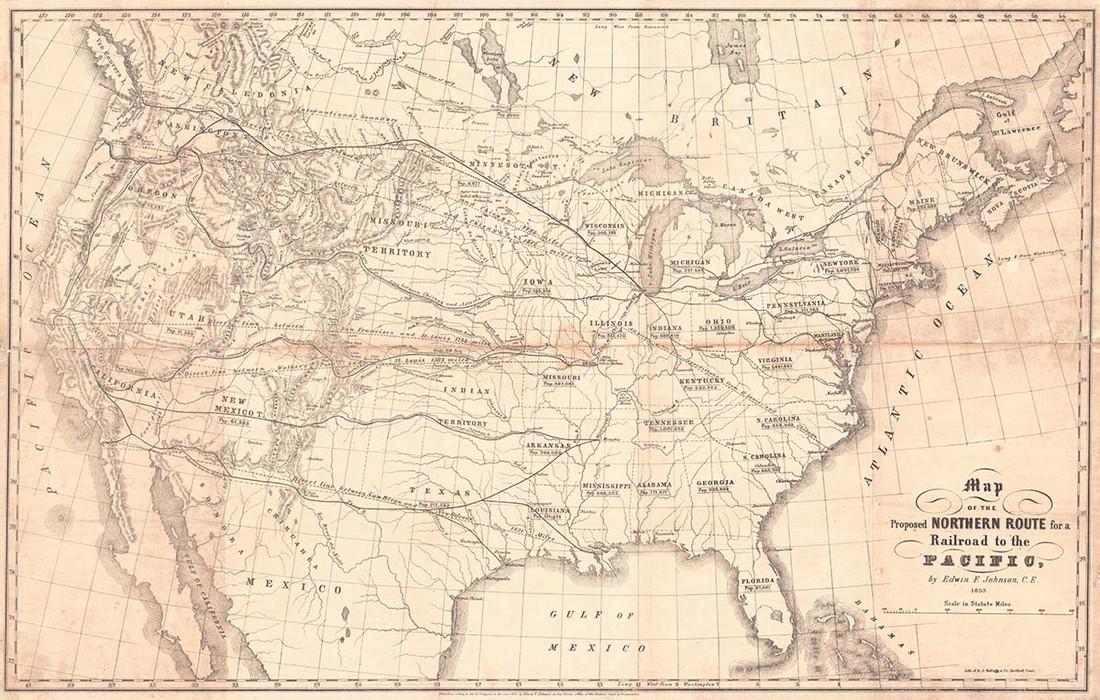 Map of the Proposed Northern Route for a Railroad to: Title/Content of Map: Map of the Proposed Northern Route for a Railroad to the Pacific, Cartographer: JOHNSON, EDWIN F. Date: 1853 Publisher: EDWIN F. JOHNSON Size: 20.3Height - 32.3Width "by Edwin F.