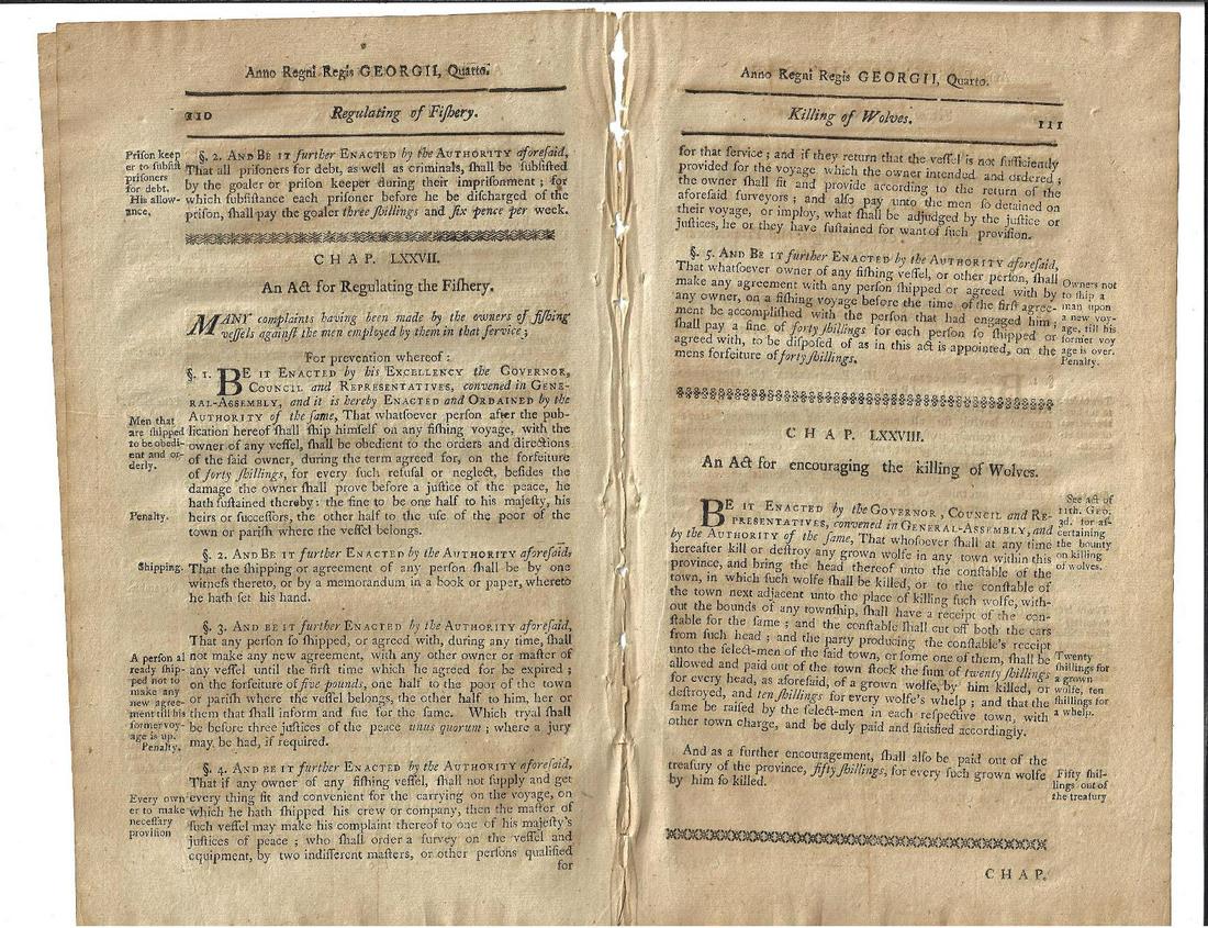 1771 Colonial Acts New Hampshire Fishery Wolves (1 of 3)