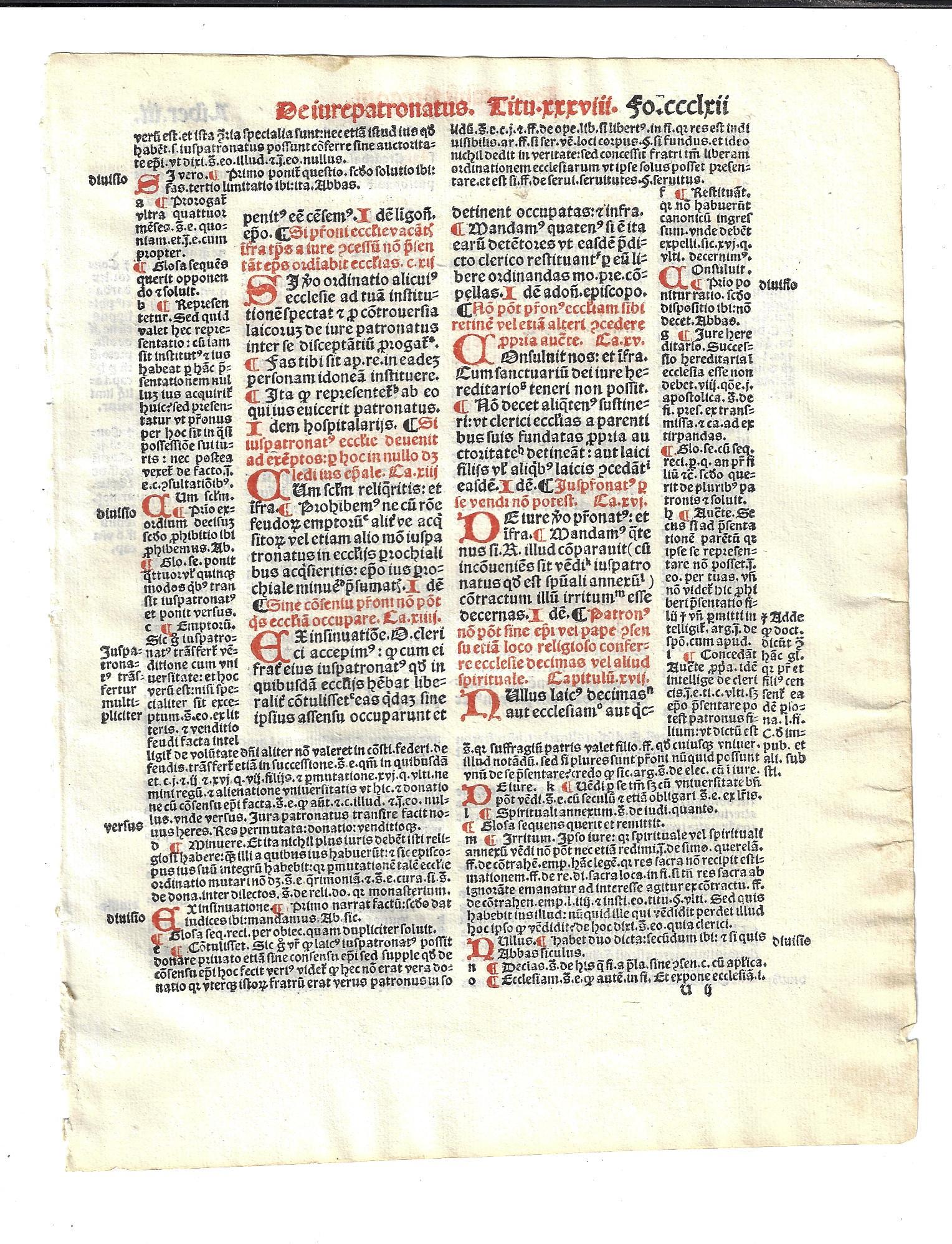 1516 Leaf Decretales Pope Gregory IX: Fine printed leaf from the Decretales of Pope Gregory IX. Printed at Paris in red and black. Measures 7 x 9" and accompanied by color copy of the printers imprint. Reserve: $30.00 Shipping: Domestic: