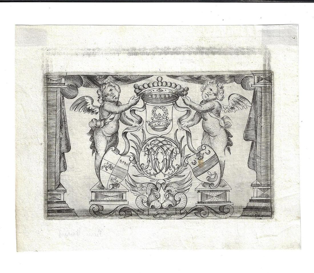 17th C Beautiful Engraving Coat of Arms: Fine 17th C Coat of Arms, note on verso showing possibly by Pierre Woeriof of Paris. Mounting traces on verso at top corner, else Fine. Measures 7 x 6". Reserve: $25.00 Shipping: Domestic: Flat-rate o