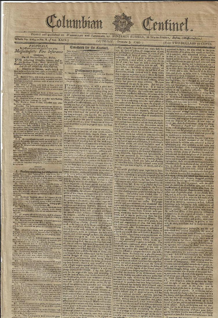 1795 Columbian Centinel Newspaper French Constitution: The October 3, 1795 issue of the Columbian Centinel printed at Boston, four folio page complete. Front page with "Plan" of the French Constitution. Much other news on France including military actions