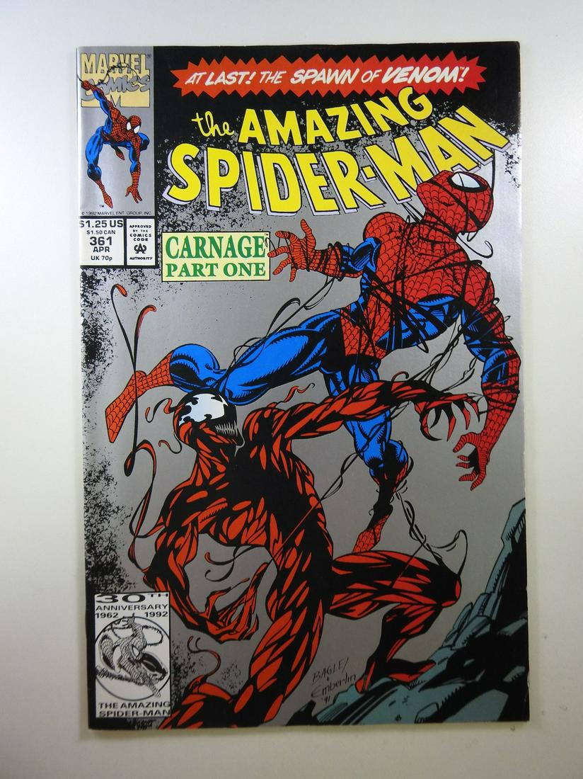 Amazing Spider-Man #361 1st full Appearance of Carnage: No Reserve! Amazing Spider-Man #361 1st full Appearance of Carnage 2nd print. FN+ Shipping: Individual Comics: Flat-rate of $9.99 (1-8 comics) or $19.99 (9+ comics) to anywhere within the contiguous U