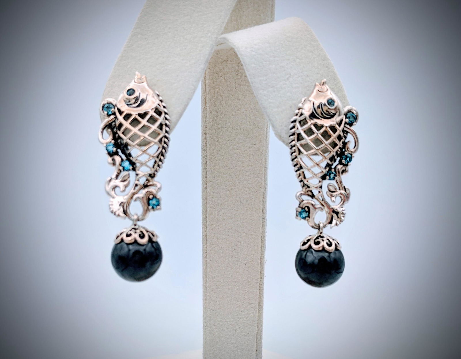 Sterling Silver Koifish Earrings w Blue Topaz & Nuumite (1 of 3)