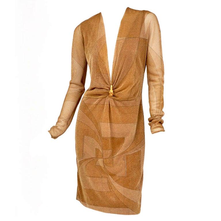 Tom Ford For Gucci Vintage Gold Dress With Lion Brooch,