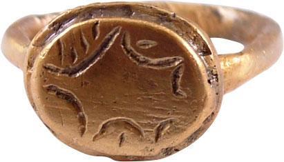 MEDIEVAL SORCERER’S RING 8-11TH CENTURY AD: Size 4 ½, stirrup-shaped with 2.8mm round face band. Raised stepped oval bezel resembling a stone, cut with a pentagram that evolved from ancient Greek mythology. Sorcery evolved from Pagan religions