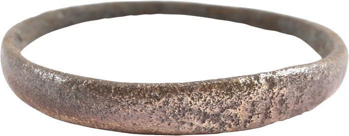 DOUBLY RARE VIKING WEDDING RING, 850-1050 AD SIZE 5: Copper originally gilt, size 5. Low rounded section, tapered in width from 1.7-2.9mm. Vikings were expert metallurgists and knew that alloying copper with tin or zinc would make it more durable, but c
