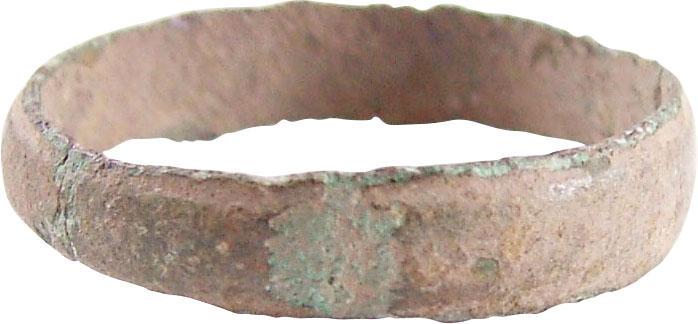 RARE ANCIENT VIKING RING, 900-1050 AD SZ 8 ¾: No Reserve! Size 8 3/4. Flat band of 4.9mm width with lined borders. Surface encrusted with green patina. Gift boxed with certificate of authenticity. Vikings exchanged rings on the pommel of the groo