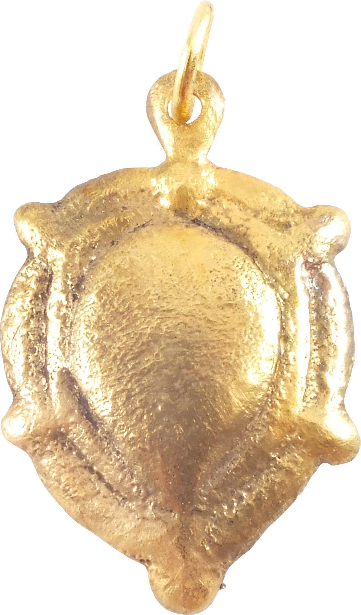 GOOD LARGE VIKING HEART PENDANT 9th-10th CENT AD: Gilt bronze. 1 1/4" height. A double stepped heart of naturalistic (uncusped) form, a popular theme for Viking heart pendants. The sides nubbed as a saltire. Complementary nub to the bottom. Professio