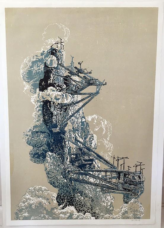 Kai Schiemenz: Ferropolis 2011: Artist: Kai Schiemenz Title: Ferropolis 2011 Medium: Large three color woodcut on heavy zerkall butten paper Dimensions: 54" x 39" Additional Information: Color woodcut Reserve: $500.00 Shipping: Dome