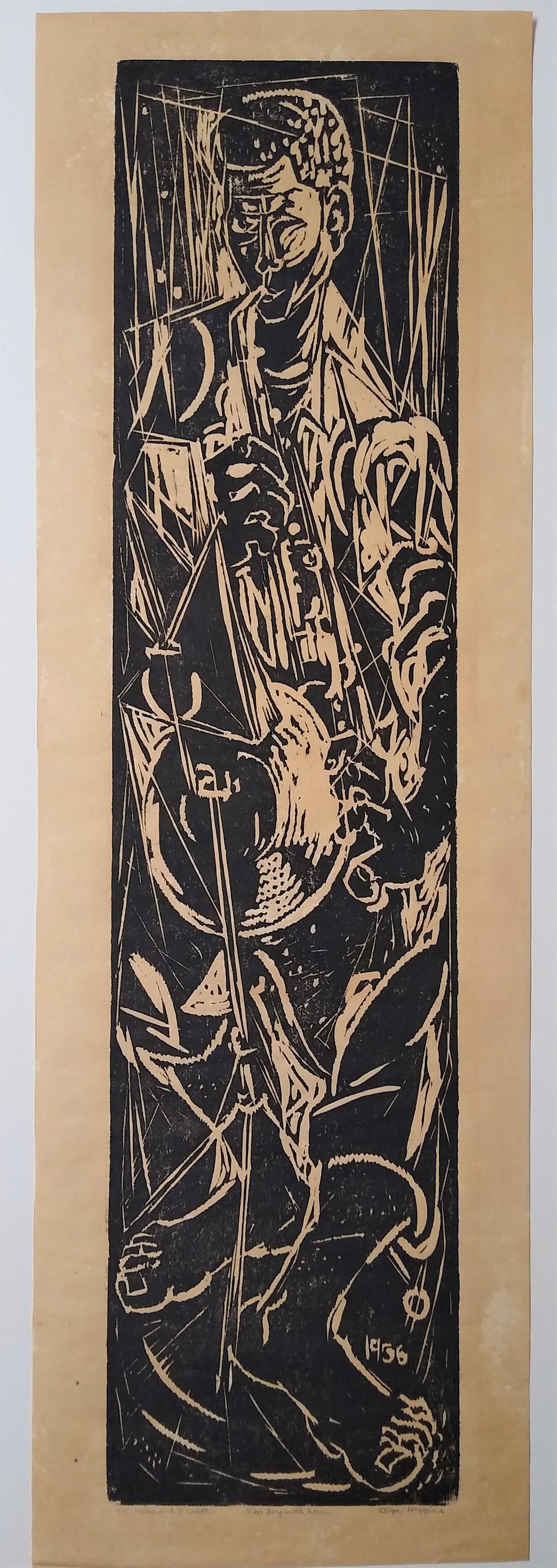 Boy with a horn - Higgins Olga (California): Title: Boy with a horn Artist: Higgins Olga (California) Date/Period: 1956 Materials: paper Dimension: 32" x 10" Description: Original woodcut from the edition 14 out of 50. Signed, numbered and dedic