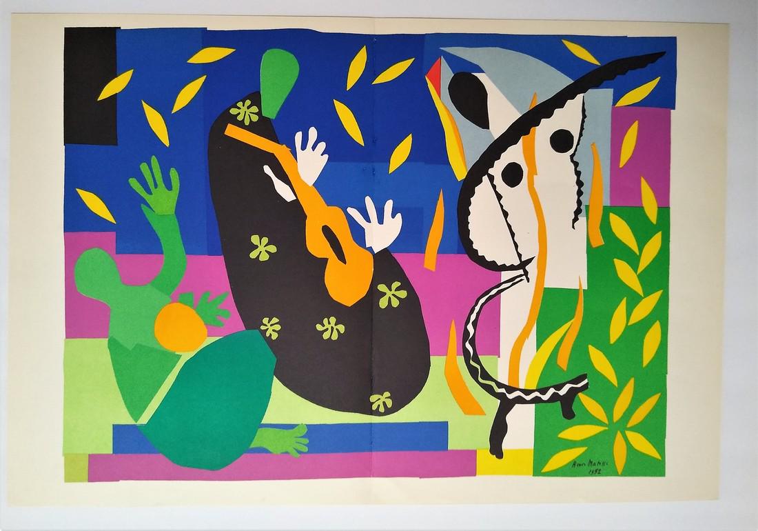 Sorrow of the King - Matisse Henri(after): Title: Sorrow of the King Artist: Matisse Henri(after) Date/Period: 1958 Materials: Paper Dimension: 13 7/8" x 20 5/8" Description: Lithograph after a gouache decoupee from Verve 35/36 devoted to Mati