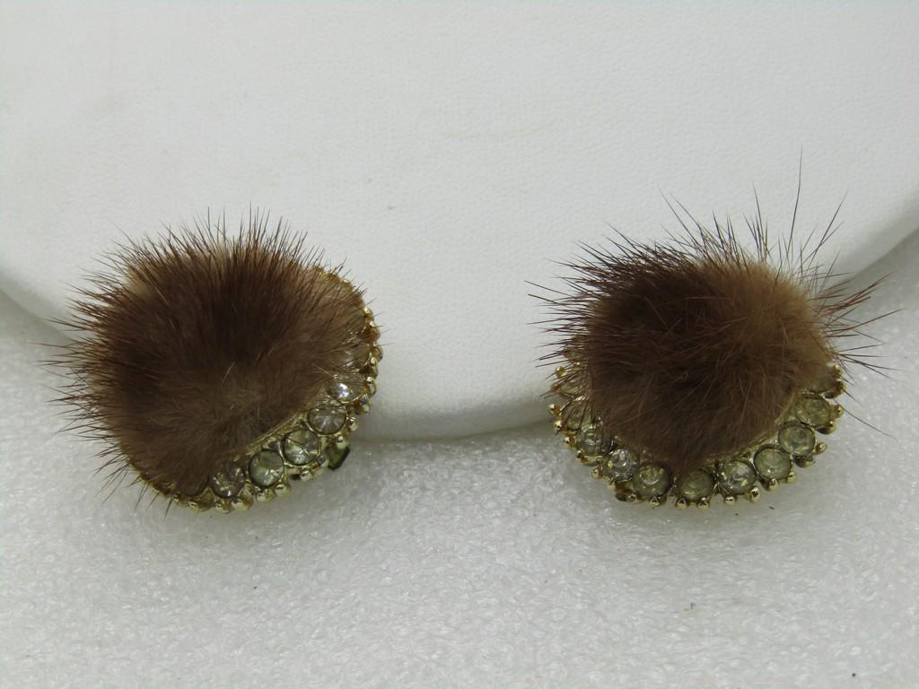 Vintage Rhinestone & Mink Clip Earrings, 1", 1950's: Vintage Rhinestone & Mink Clip Earrings, 1", 1950's with a chocolate brown fur and a halo of clear rhinestones at the base. Not signed. Good condition to very good condition. (INV.WBLMX14.8 SS2045 J L