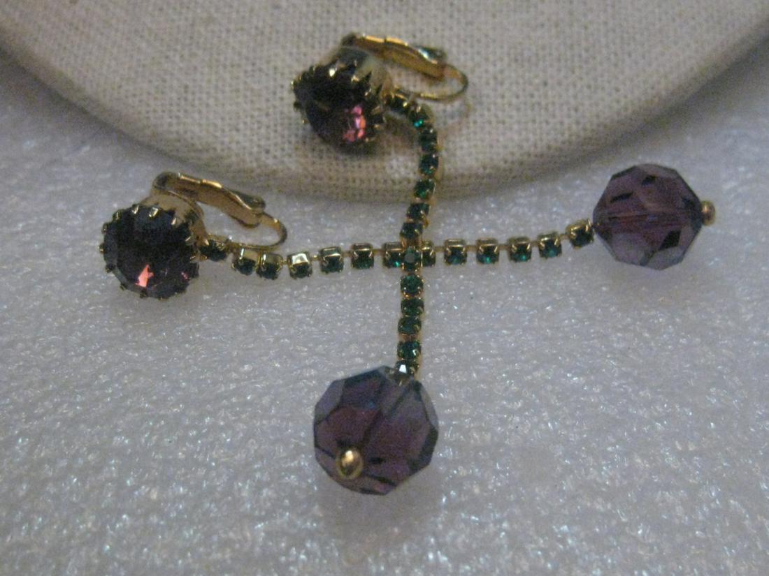 Vintage Stud and Dangle Clip Earrings, Amethyst,: Vintage gold tone long Amethyst & Emerald Colored Long Stud and Dangle Clip earrings. They are 2.75" long - they have a large 11mm amethyst colored rhinestone prong-set stud and a 2" emerald green rhi