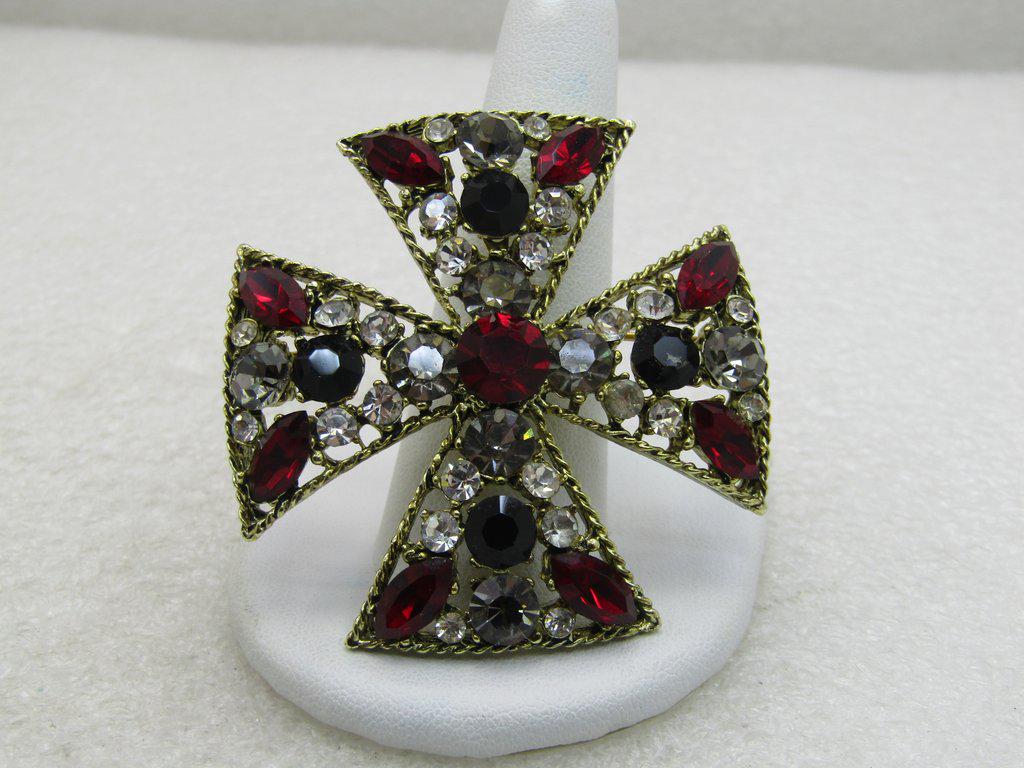 Vintage Rhinestone Maltese Cross/Pendant, Red, Clear,: Vintage Rhinestone Maltese Cross/Pendant, Red, Clear, Black 2",, gold tone with a twistd rope frame. Open work between the stones and slightly domed. This has a pin that is the width of the brooch and