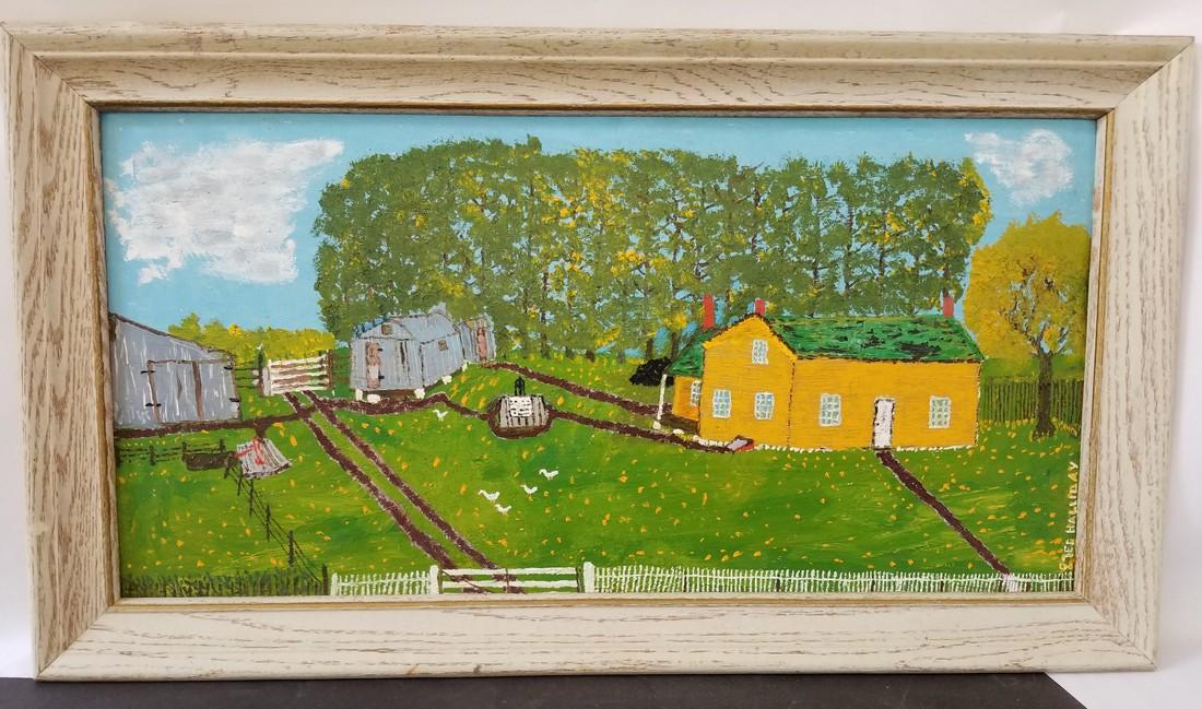 Folky farm scene dated 1927: Title: Folky farm scene dated 1927 Origin: Midwestern origin Dimension: Overall 15 by 27 inches. Provenance/Additional Info: Oil on artists board, signed Ted Halliday right lower corner. Plenty of inf