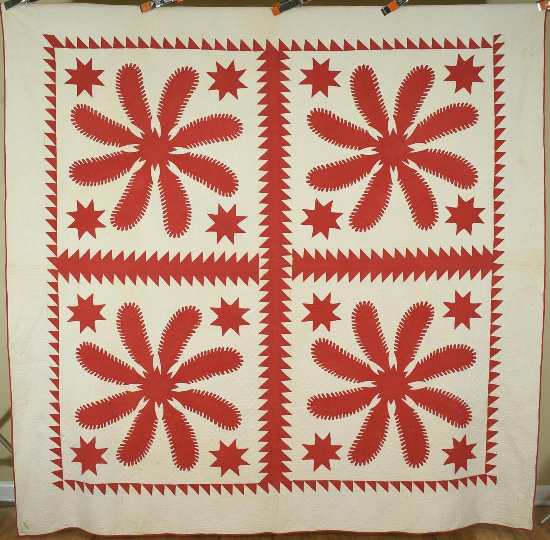 1850's Red & White Princess Feather Stars Quilt: 1850's cotton red & white princess feather/stars quilt is hand pieced, hand appliqued and hand quilted, with saw tooth borders and classic four block configuration. It measures 90" X 92" and is in ver