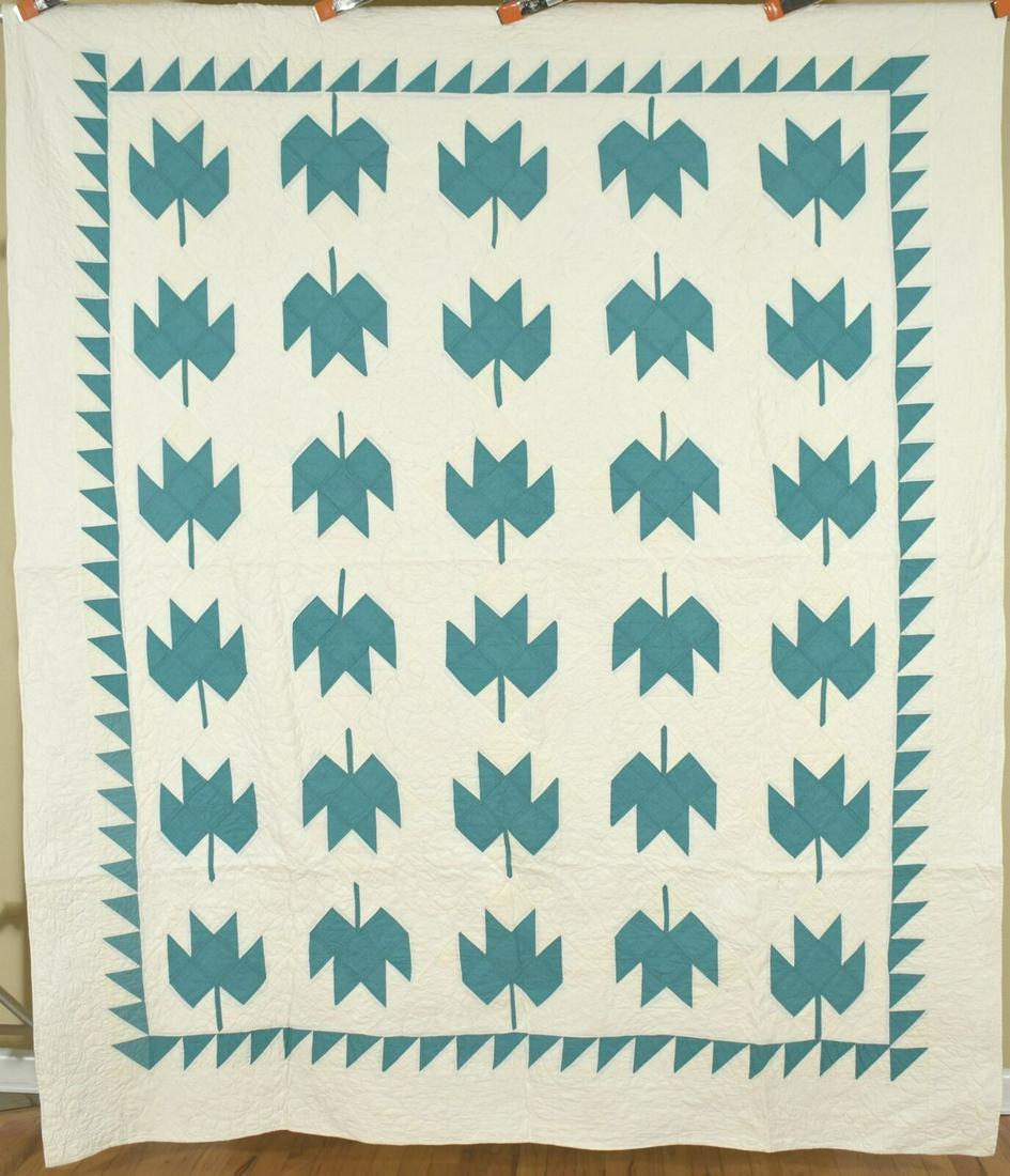 Vintage 20's Green & White Maple Leaf Antique Quilt (1 of 8)