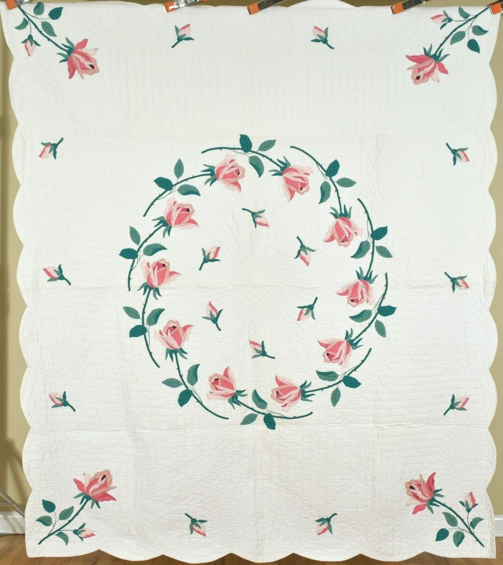 Vintage 40's Swirling Rose Applique Antique Quilt (1 of 8)