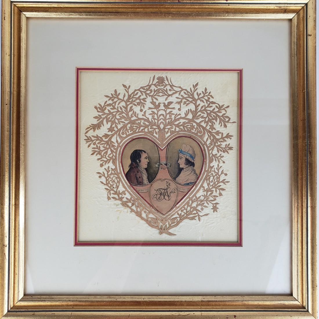 American Fraktur / Scherenshnitte Valentine w/: Title: American Fraktur / Scherenshnitte Valentine w/ Watercolor Portraits Date/Period: 19th century Materials: paper, watercolor paint Dimension: frame 14 1/2" X 14", center 8" x 8 1/2" Description: 