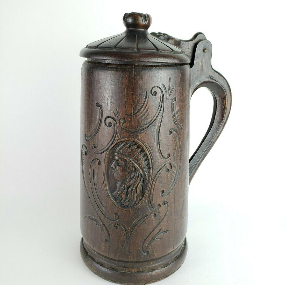 Antique German carved wood Stein Tankard, with carved (1 of 6)