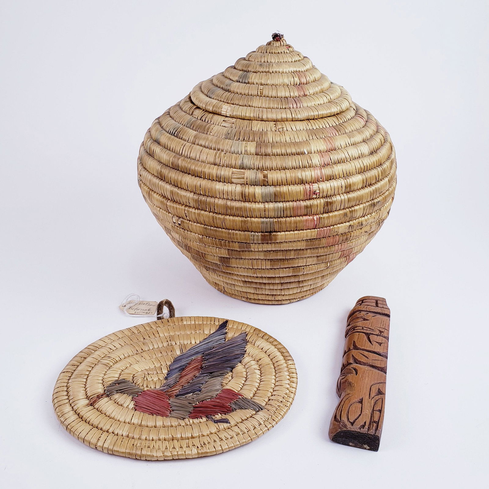 Northwest Coast Native American Basket, Mat, & Carving (1 of 4)