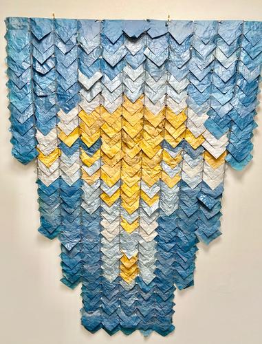 HUGE Original Vintage Blue, Silver, and Gold Metallic: This vintage original metallic painted paper on metal art installation is perfect for any large walls or stairways in the home that you wish to make a statement with. Its absolutely gorgeous design wi