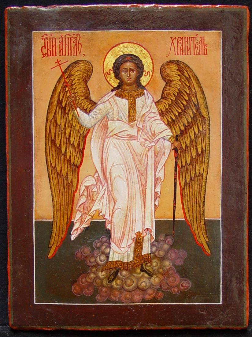 Guardian Angel: Title: Guardian Angel Origin: Russia Date/Period: 1900 Materials: tempera on wooden board Size: Size 22 x 16 cm Additional Information: A guardian angel is an angel that is assigned to protect and gui