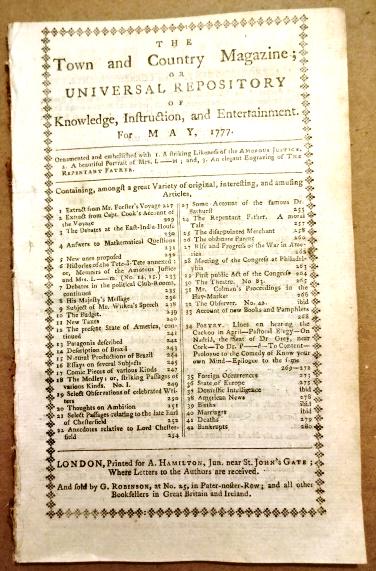 1777 Magazine Revolutionary War: The Town and Country Magazine for May 1777, printed at London for A. Hamilton, 56 pages complete and two engravings. Several items at rear of magazine regarding Revolutionary War at New York and also 
