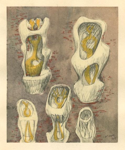 Henry Moore pochoir "Formes interieures et exterieures": Interior and Exterior Forms Medium: pochoir (after the watercolor). Printed in Paris by the atelier of Daniel Jacomet, and published in 1957 by Berggruen for a rare catalogue. The image measures 4 3/4