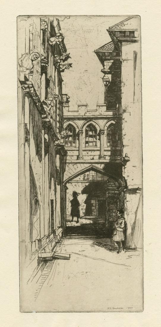 David Young Cameron original etching "In Stirling: Medium: original etching and drypoint. Executed in 1899. This is a fine impression on cream laid paper, signed in the plate by D. Y. Cameron (not hand-signed). Plate size: 7 7/8 x 3 3/8 inches (200 x