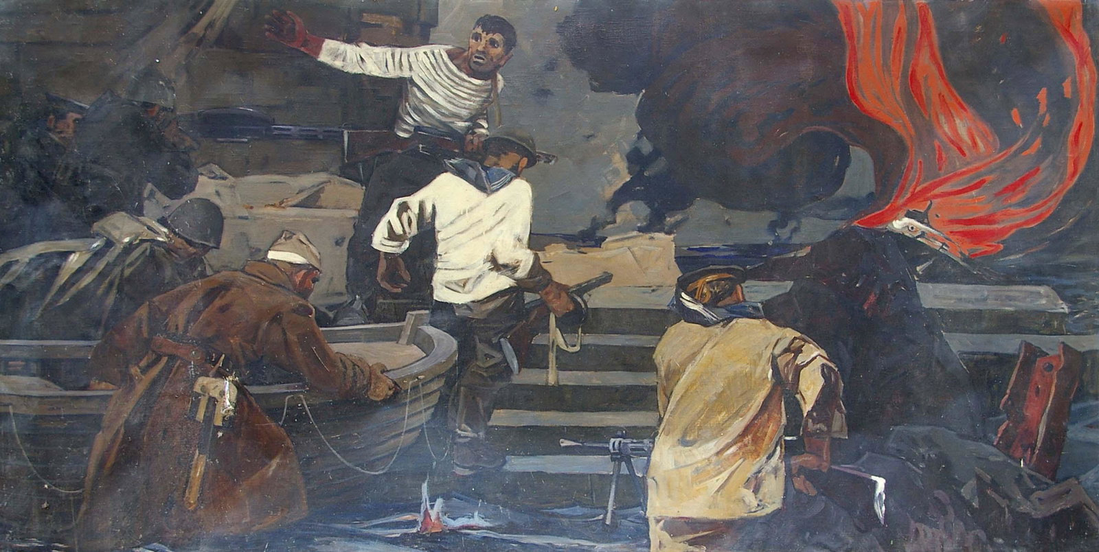 Oil painting Soldiers at war Grachev Anatoly: *** ABOUT THIS PAINTING *** * TITLE: "Soldiers at war" * ARTISTS: Grachev Anatoly Nikolaevich * SIZE: 129x245 cm/'50.78?96.45 inches' * MEDIUM: oil, canvas * HAND PAINTED: Original painting from our c