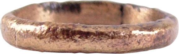 RARE VIKING BEARD RING, 10th-11th CENT AD JEWELRY: Gilt bronze. Narrowband, 2.1mm of round section. 0.46” 11.8mm inside dimension. The use of beard rings by Viking warriors is well documented but surviving examples are rare. Professionally refurbish