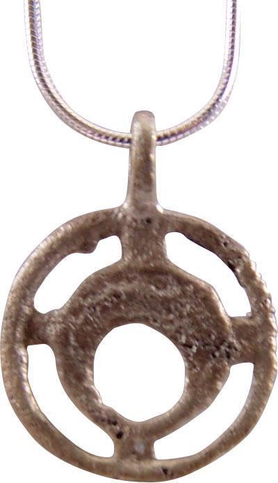 VIKING LUNAR/NAVIGATOR’S NECKLACE PENDANT, 10TH-11TH: About ¾” diameter, representing the two celestial brothers Sol and Mani (sun and moon). Configured with the crescent moon within the sun, perhaps representing an eclipse which was an act of the God