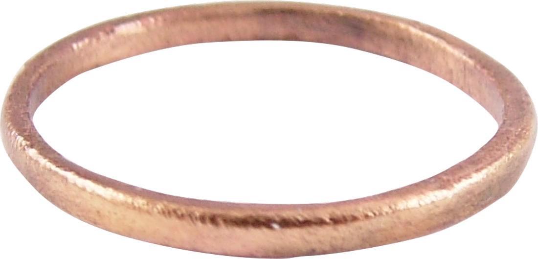 VIKING WOMAN’S WEDDING RING S8 ½: Late 9th-early 11th. Gilt bronze, size 8 1/2. 1.8 mm band with a rounded face. Surface well preserved. Professionally refurbished with the 24 karat gold overlay restored. Gift boxed with a certificate