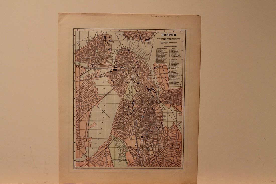 1893 Map of Boston: Author: Fisk Title: 1893 Map of Boston Medium: Ink on Paper Dimensions: 11.5"X14" Map of Boston dated 1893 engraved by Fisk and co. for the Columbian World Atlas. Key upper right. Explanation on archi