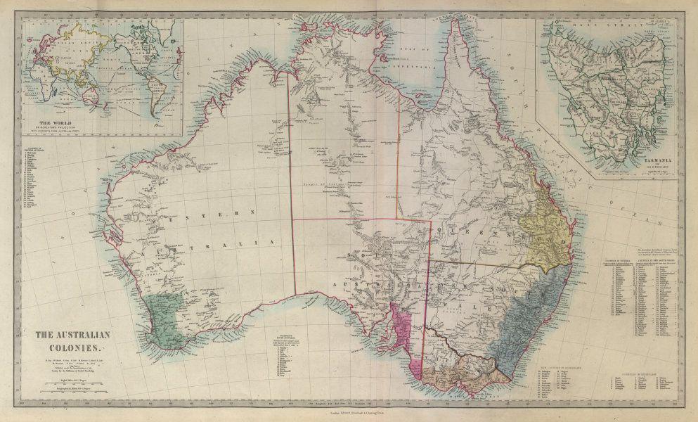 THE AUSTRALIAN COLONIES showing counties. Double page.: TITLE/CONTENT OF MAP: 'THE AUSTRALIAN COLONIES. Inset Tasmania & The World' The top image on the right hand side shows the entire map. To view a close up of the map showing the level of printed detail