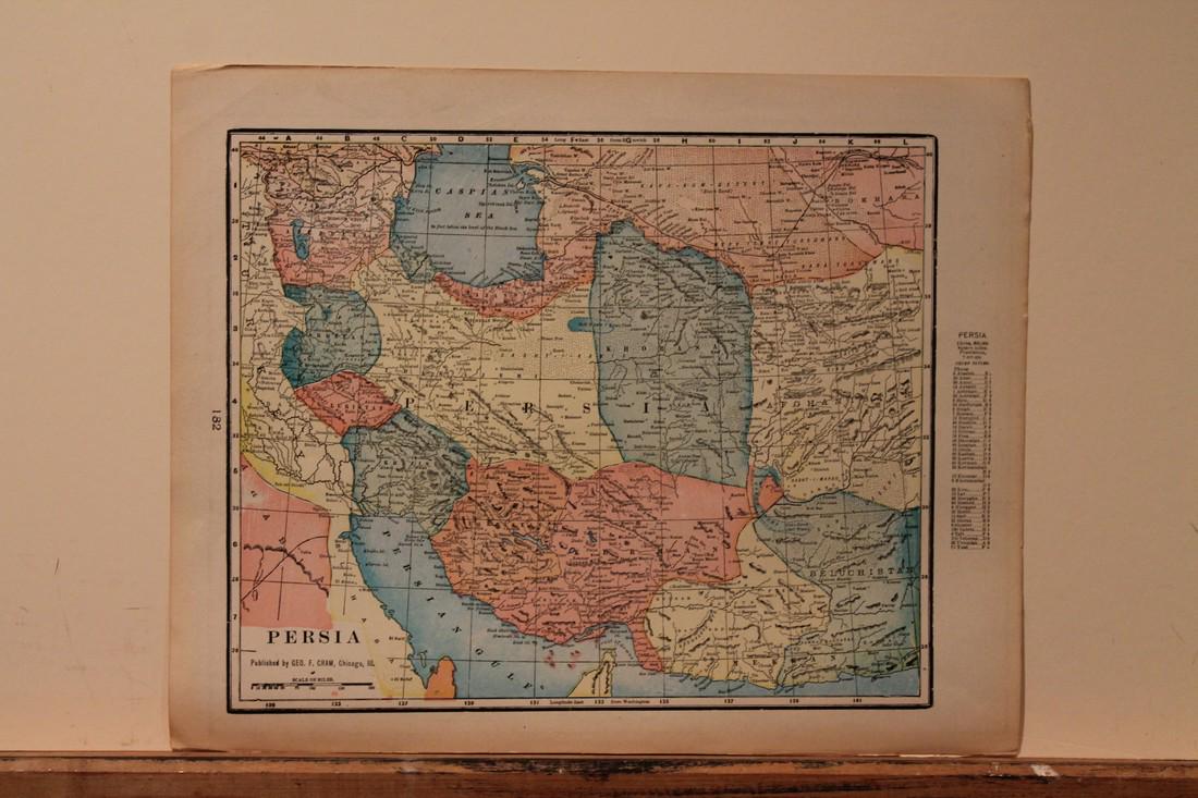 1889 Map of Persia: Author: Cram Title: 1889 Map of Persia Medium: Ink on Paper Dimensions: 14.5"X11.5" Map of Persia dated 1887. Engraved and published by George Cram in Chicago. Part of his World Atlas. Color coded for