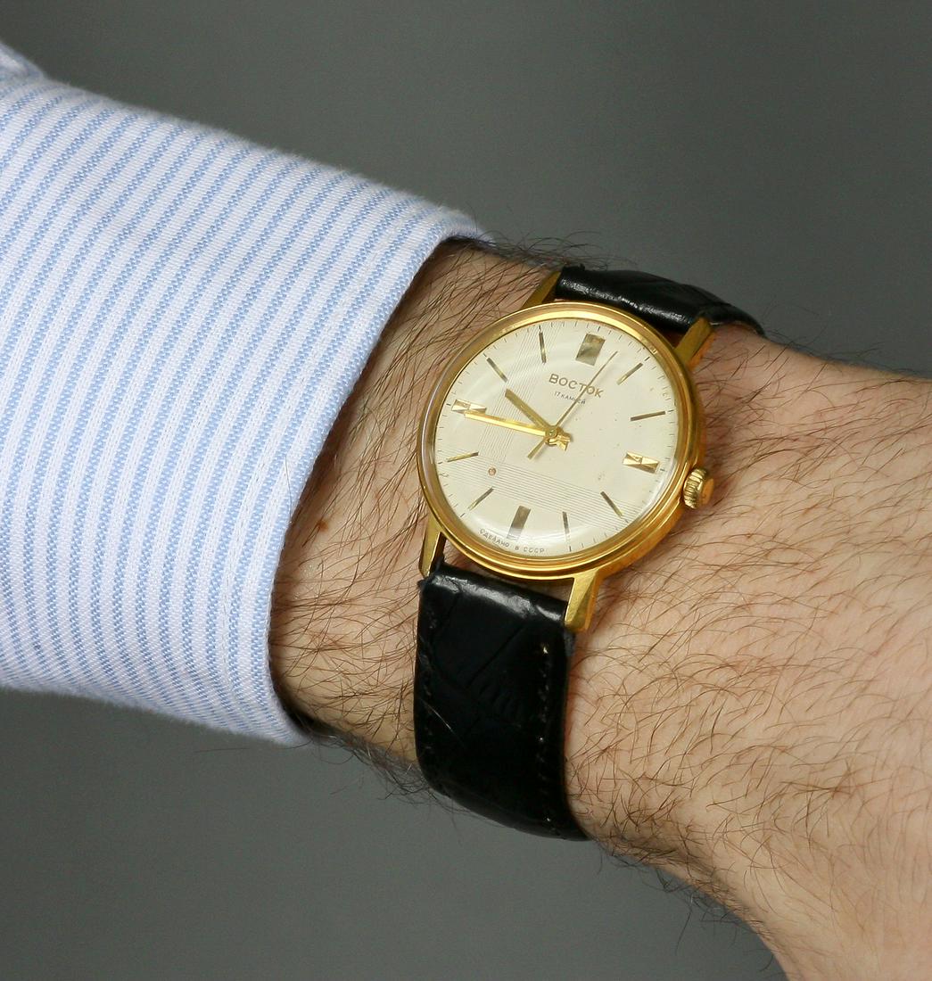 Russian Antique Golden USSR Watches/ Working Wostok: Title: Russian Antique Golden USSR Watches/ Working Wostok Watch Additional Information: MaterialsBand material: LeatherStainless steelWostok vintage men wrist watch russian antique unisex white USSR