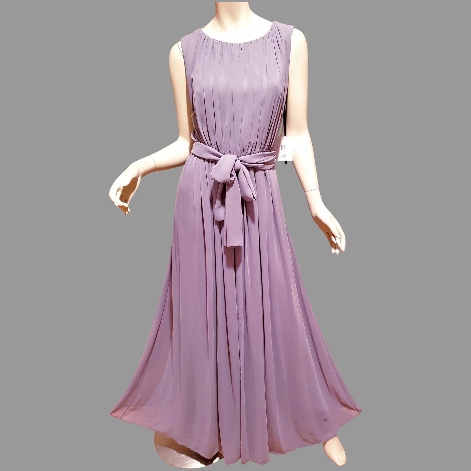 Vtg Draped Grecian Calvin Klein Maxi Fluid Gown Chiffon: Beautiful Calvin Klein Draped Grecian maxi Gown . In a Grey lavender touch coloration lined with satin. and has its own sash belt Old Stock/New Never used still has its original tags. Size-6 Auction s