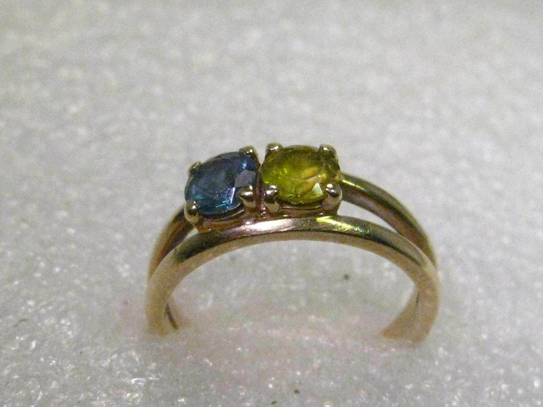 Vintage 14kt Gold Double Band Ring with Sapphire/Citri;: Vintage 14kt yellow gold double band or double wedding band ring or mother's ring. It has two round stones that appear to be square based on how the prongs are set but they are round stones. The stone