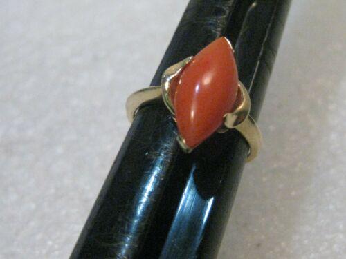 Vintage 14kt Gold Coral/Carnelia; n Ring, Marquise: Vintage 14kt Marquise Carnelian/Coral Ring - size 5, 3.01 grams. Th is is a 15mm by 7.4mm and appx. 3.5mm thick stone - I believe it is carnelian or coral. Due to setting I cannot accurately test with