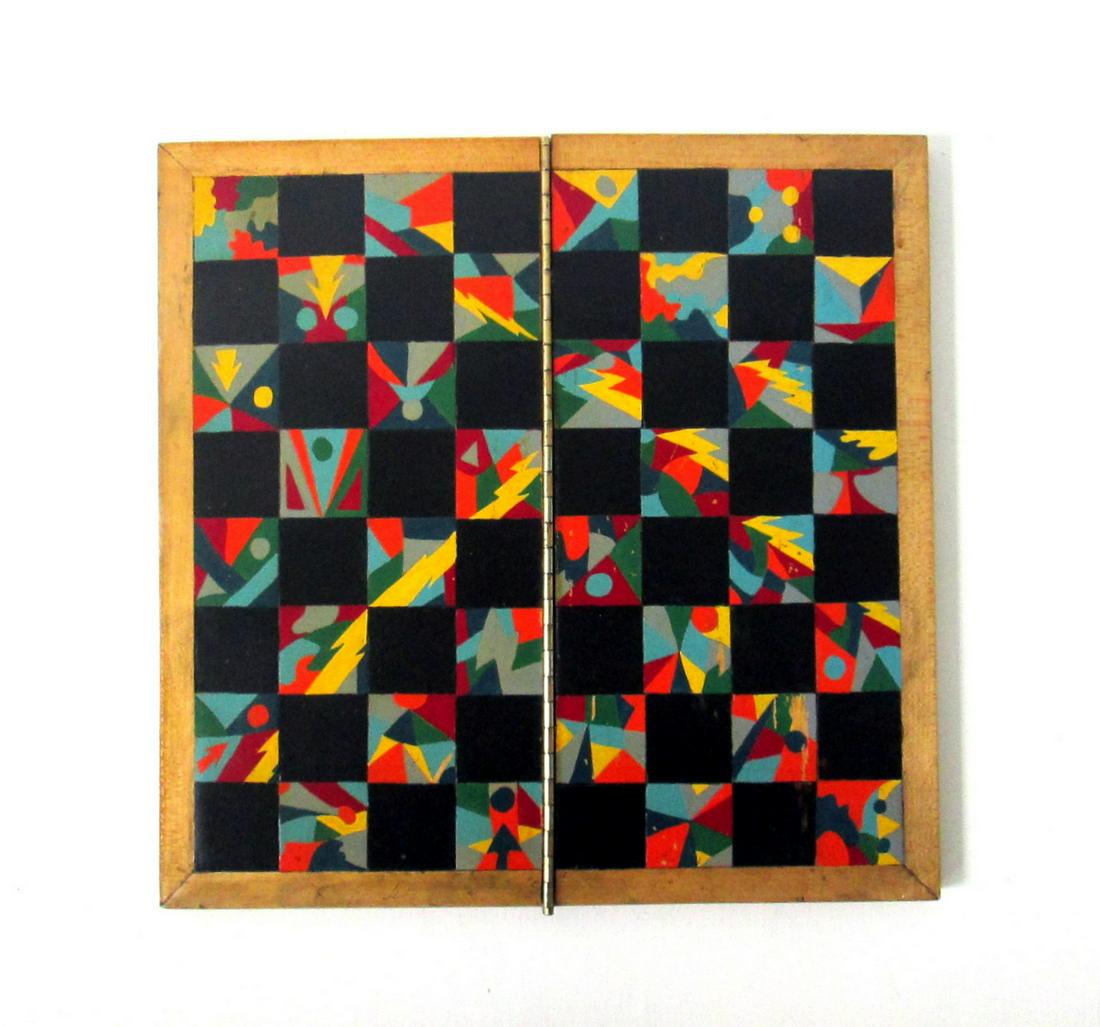 Colorful Checkerboard: Title: Colorful Checkerboard Date/Period: C 1880-1920 Material: Laminated Wood & Maple Dimension: 15 1/4”H X 15 3/8”W X 5/8”D (open), 15 1/4”H X 7 7/8”W X 1 1/4”D (closed) Provenance: Vibr