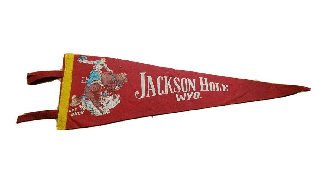 Jackson Hole Wyoming rodeo graphic bucking bronco: Guessing this dates to 1950's . Neat graphics. Not sure. Measures approximately 25" Shipping includes insurance. Shipping: Domestic: Flat-rate of $12.00 to anywhere within the contiguous U.S. Internat