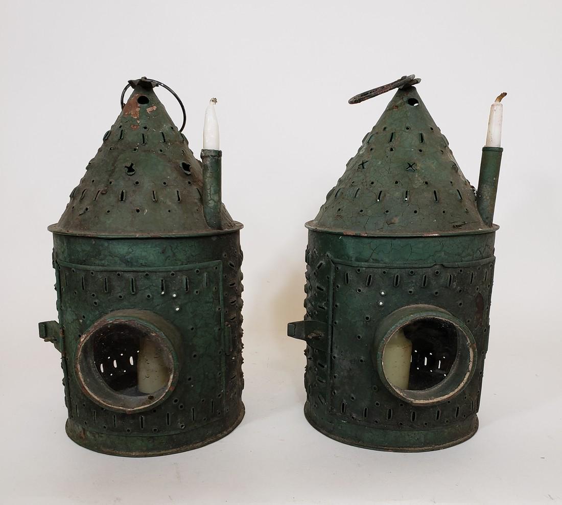 Rare Pair Of Painted Bullseye Punch Tin Lanterns. Mid (1 of 6)