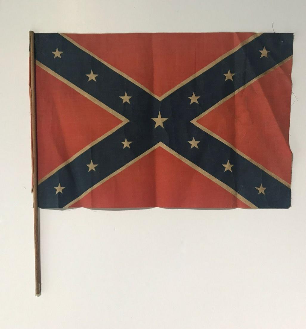 Antique Flag Made Of Oil Cloth On Stick: Title: ANTIQUE FLAG MADE OF OIL CLOTH ON STICK Dimensions: RARE FLAG 11X17” EARLY UCV FLAG Shipping: Domestic: Flat-rate of $10.00 to anywhere within the contiguous U.S. International: Foreign shipp