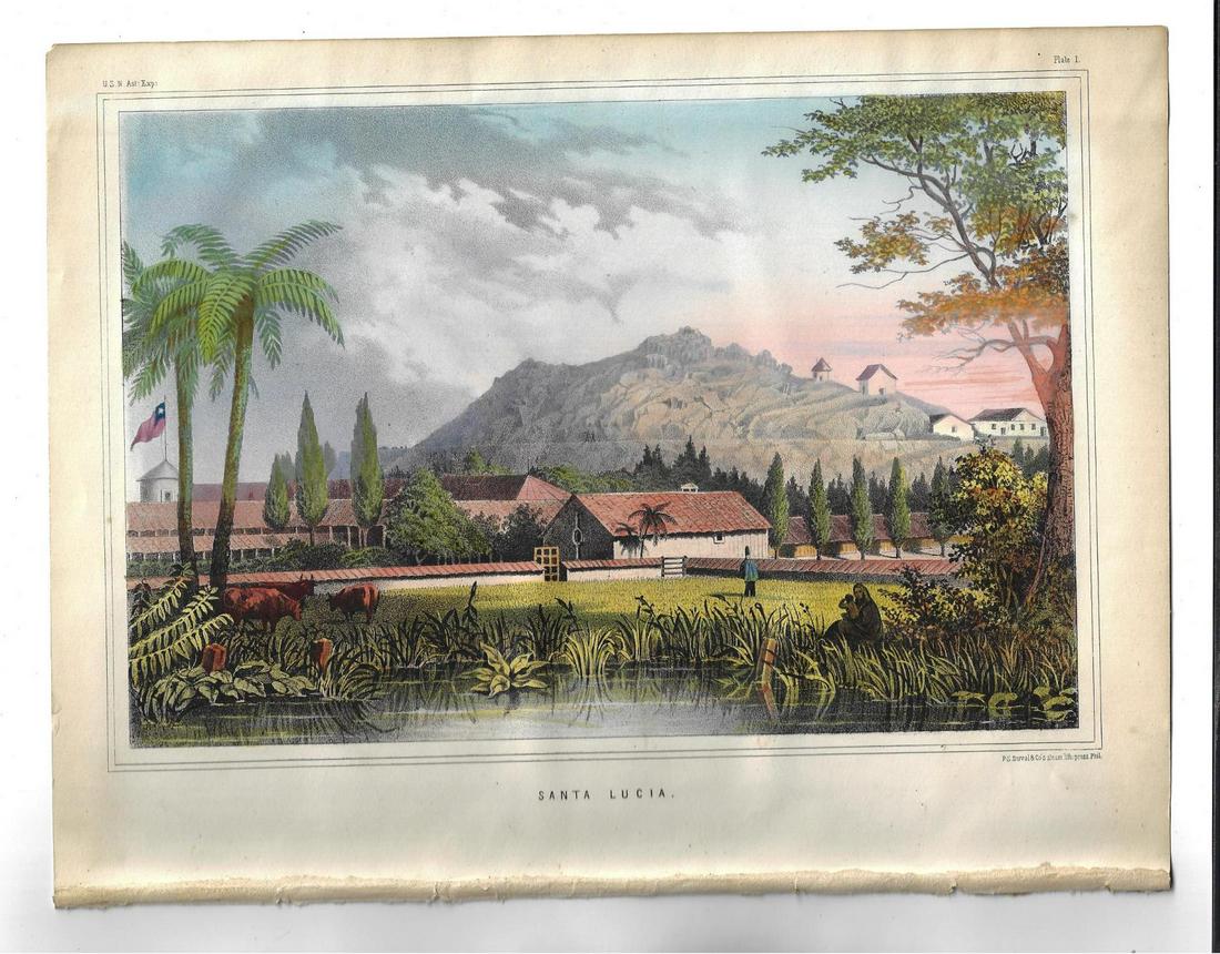 1855 Colored Lithograph of Santa Lucia Chile: Colored Lithograph of Santa Lucia in Chile. Printed by P S Duval and Co., 1855. Fine, measures 11.5" x 8.75". Reserve: $40.00 Shipping: Domestic: Flat-rate of $5.00 to anywhere within the contiguous U