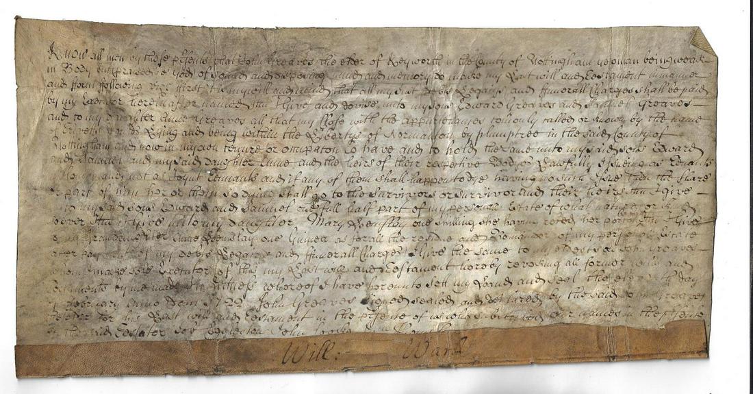 1722 English Vellum Will Nottingham: An English manuscript Will on vellum of a Yeoman of Keyworth in Nottingham dated 1722. Signed by a William Ward. Soiled, measures 14 x 7.25". Reserve: $20.00 Shipping: Domestic: Flat-rate of $5.00 to