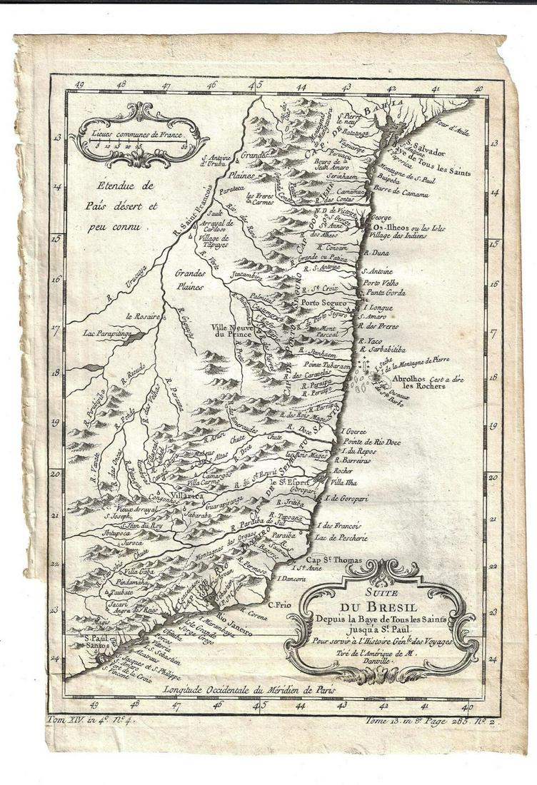 1757 Bellin Map Coast of Brazil: A map of Jacques Bellin printed circa 1757 entitled "Suite du Bresil Depuis la Baye de Tour Saints Jusqu a St. Paul..". Printed at Paris. Very Good, Some mild wear. Measures 7 x 10.5". Reserve: $20.00